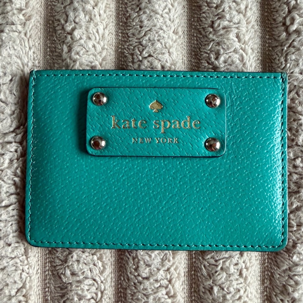 Kate Spade New York Teal and Beige Leather Slim Card Holder Wallet